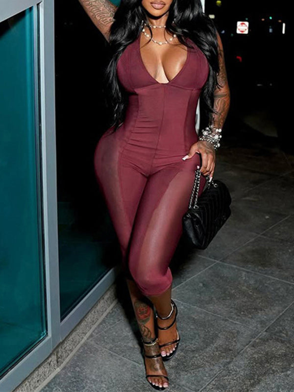 Sheer-Combo Halter Capri Jumpsuit