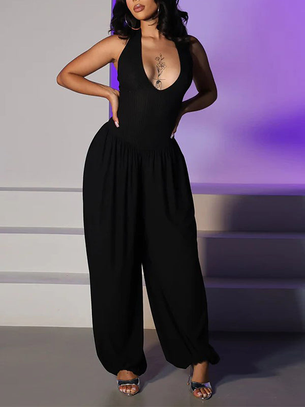 Lace-Up Wide-Leg Halter Jumpsuit