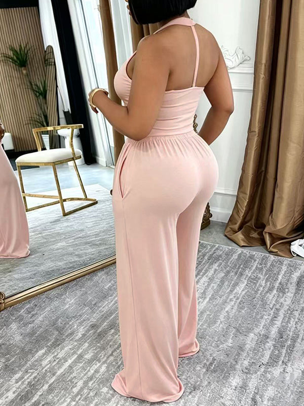 Solid Halter Top & Wide-Leg Pants Set