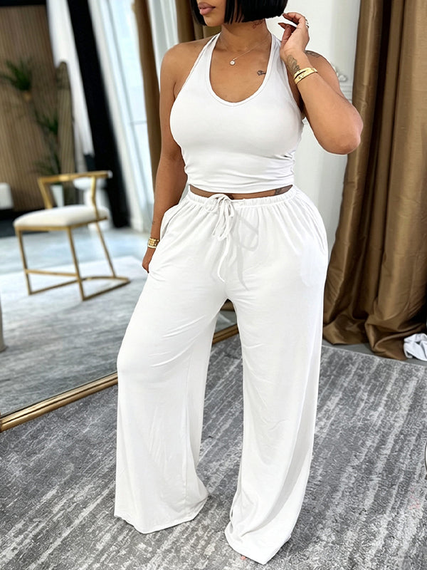 Solid Halter Top & Wide-Leg Pants Set