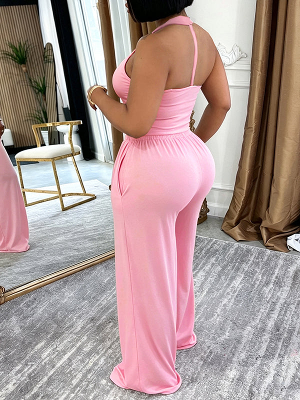 Solid Halter Top & Wide-Leg Pants Set
