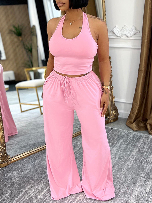 Solid Halter Top & Wide-Leg Pants Set