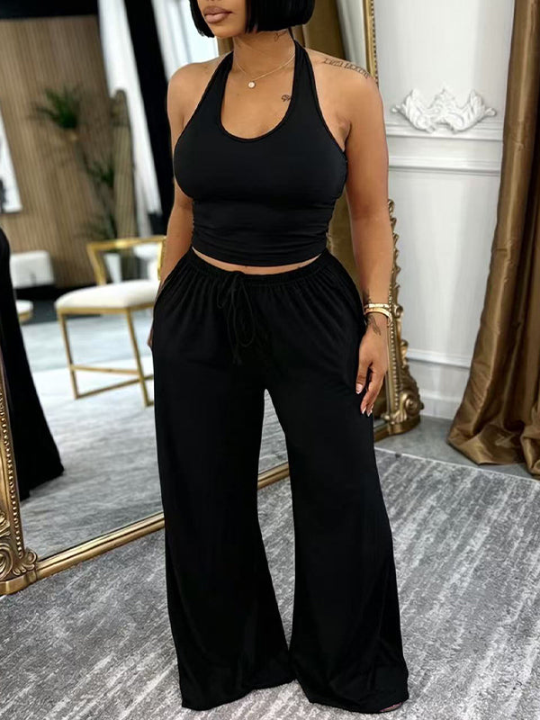 Solid Halter Top & Wide-Leg Pants Set