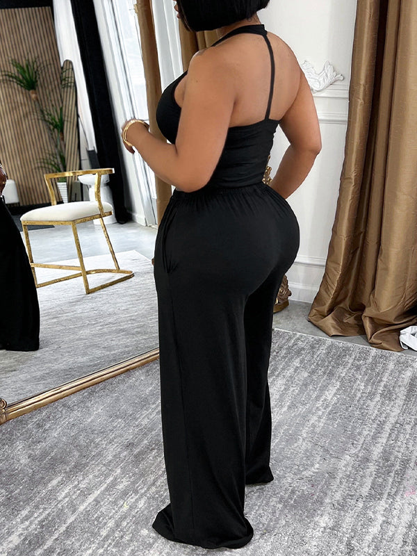Solid Halter Top & Wide-Leg Pants Set