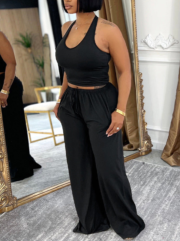 Solid Halter Top & Wide-Leg Pants Set