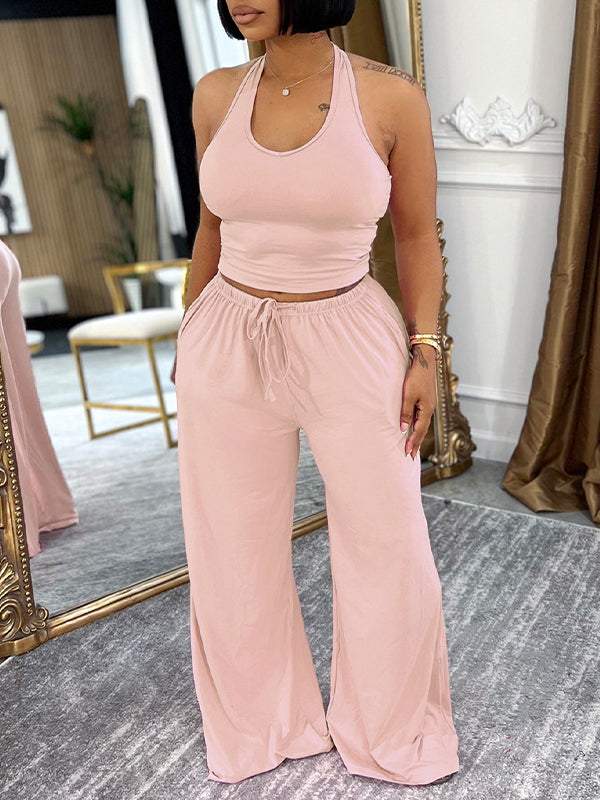 Solid Halter Top & Wide-Leg Pants Set