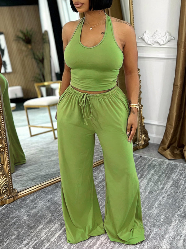 Solid Halter Top & Wide-Leg Pants Set