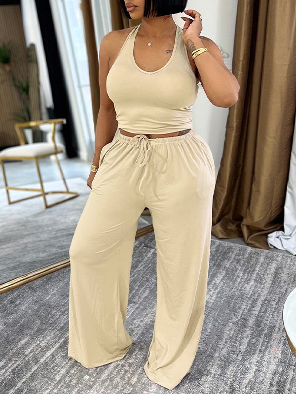 Solid Halter Top & Wide-Leg Pants Set