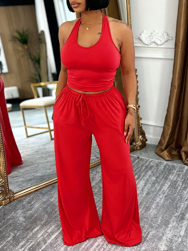 Solid Halter Top & Wide-Leg Pants Set