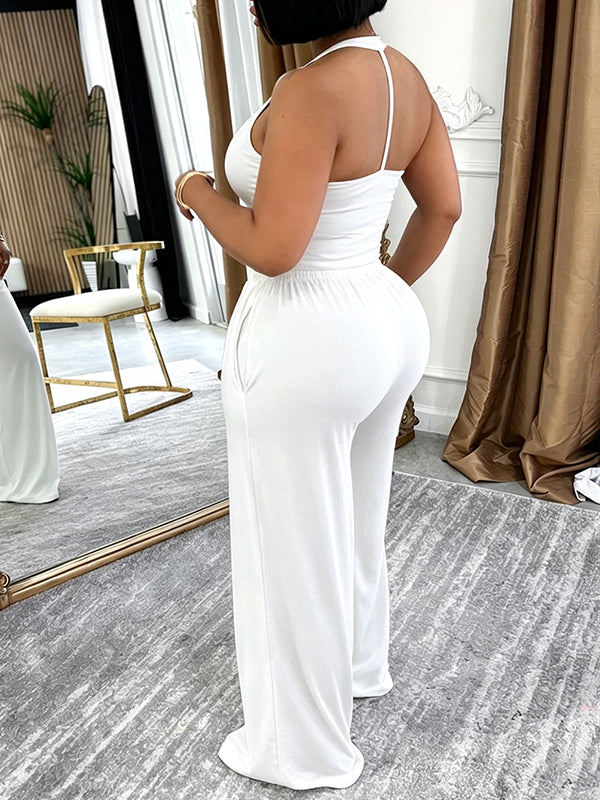 Solid Halter Top & Wide-Leg Pants Set