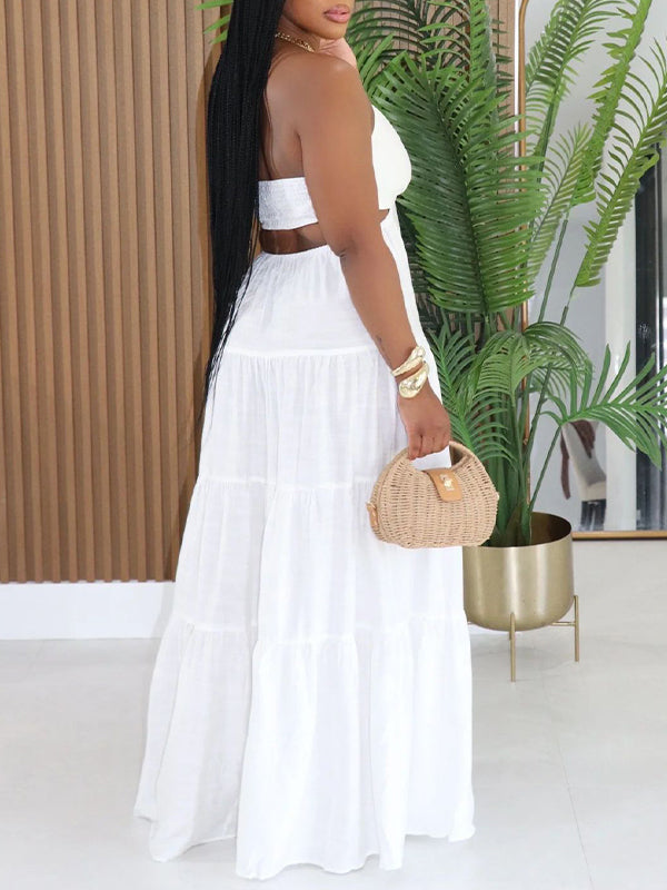 Solid Ruffle Cutout Halter Dress