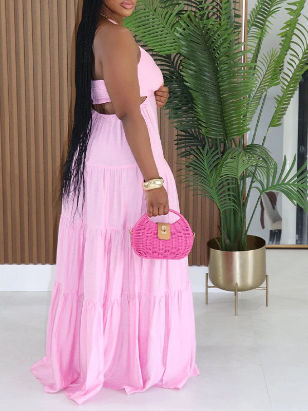 Solid Ruffle Cutout Halter Dress