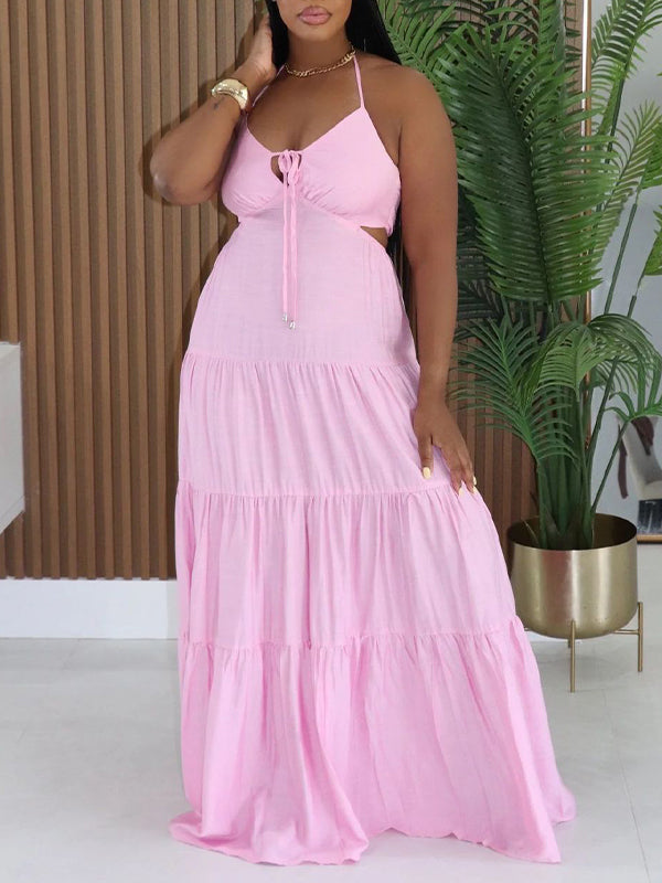 Solid Ruffle Cutout Halter Dress