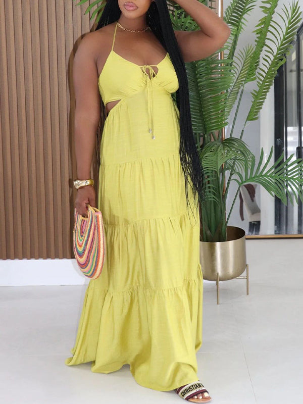 Solid Ruffle Cutout Halter Dress
