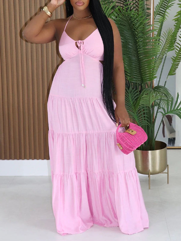 Solid Ruffle Cutout Halter Dress