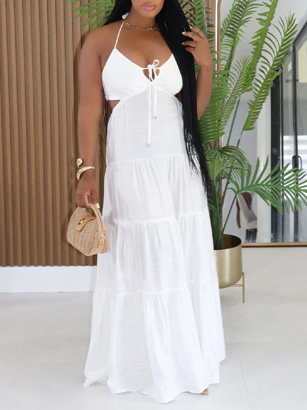 Solid Ruffle Cutout Halter Dress