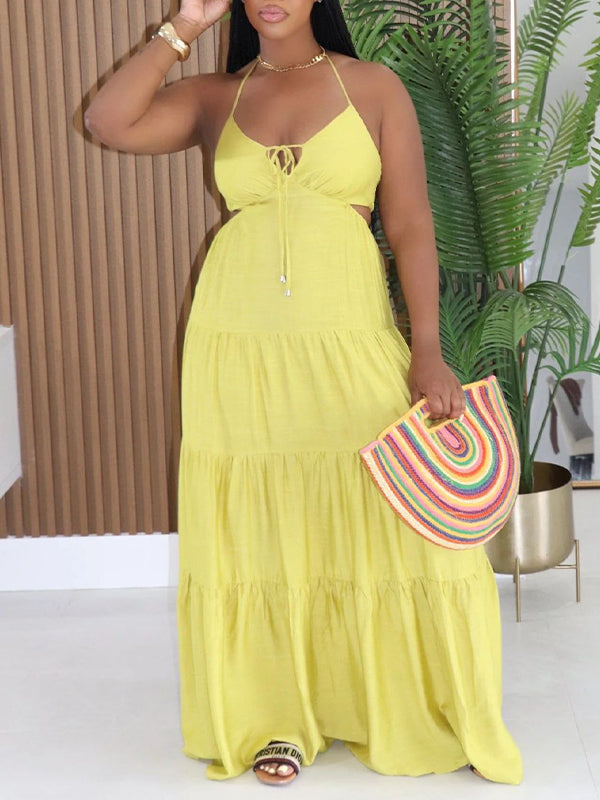 Solid Ruffle Cutout Halter Dress