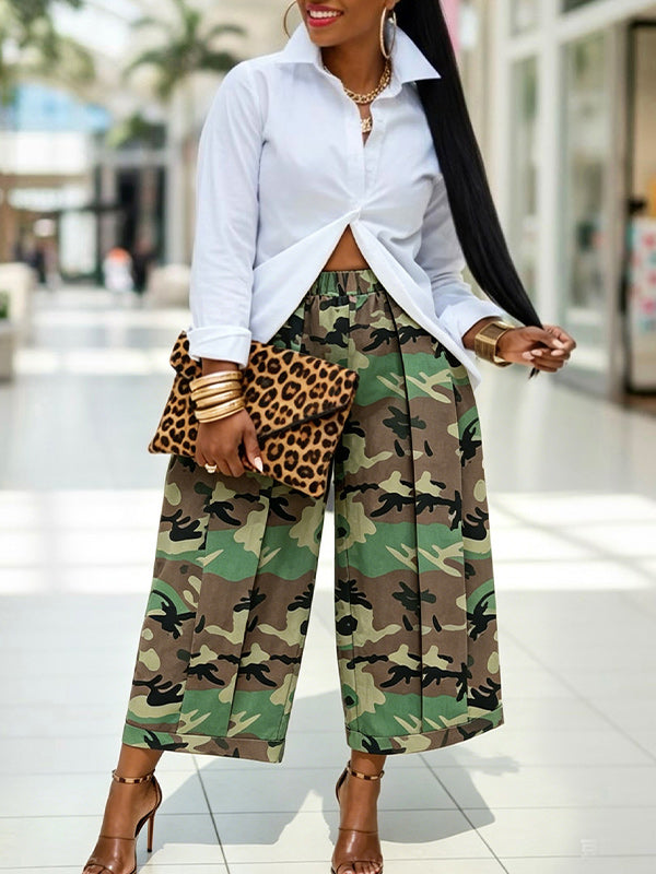 Camo Wide-Leg Cropped Pants