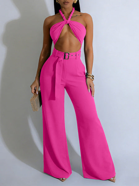 Belted Cutout Halter Jumpsuit