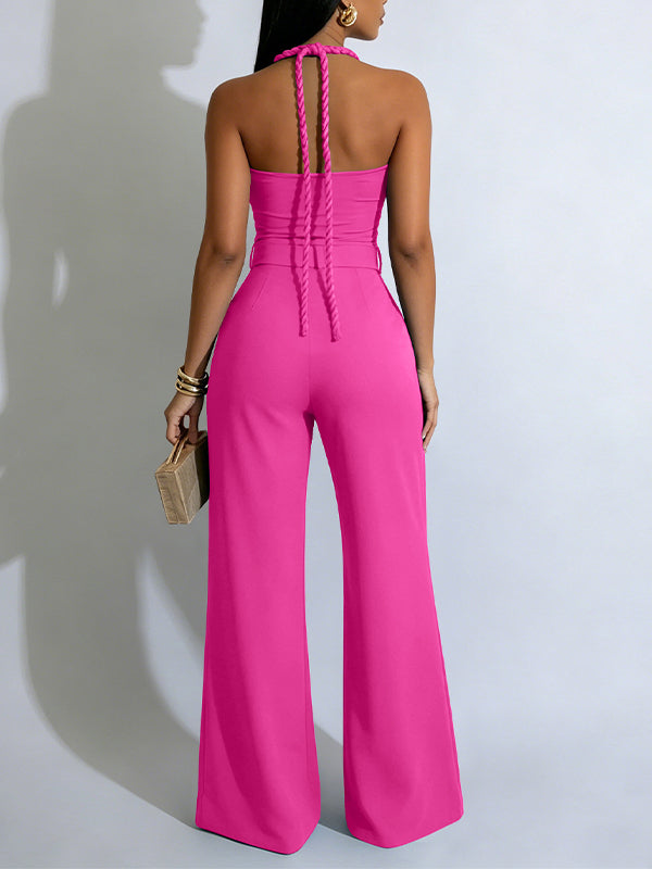 Belted Cutout Halter Jumpsuit