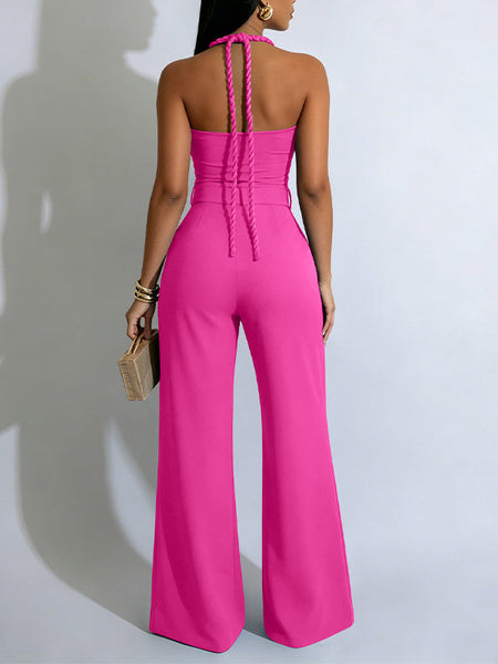 Belted Cutout Halter Jumpsuit