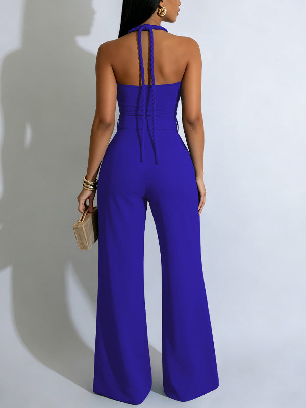 Belted Cutout Halter Jumpsuit