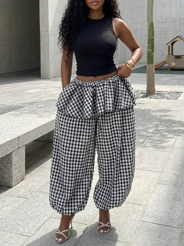 Plaid Wide-Leg Jogger Pants
