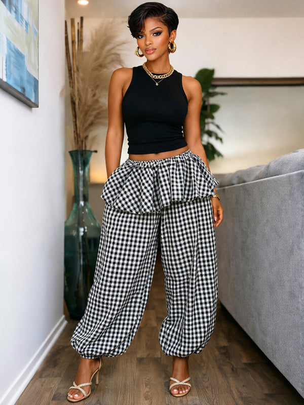 Plaid Wide-Leg Jogger Pants
