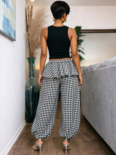 Plaid Wide-Leg Jogger Pants
