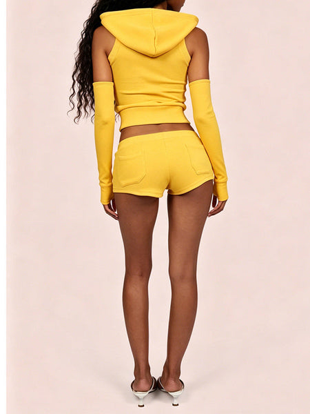 Solid Zip-Front Hoodie & Shorts Set
