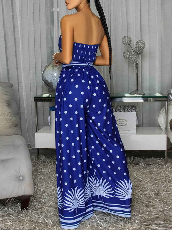 Dot Tied Wide-Leg Strapless Jumpsuit
