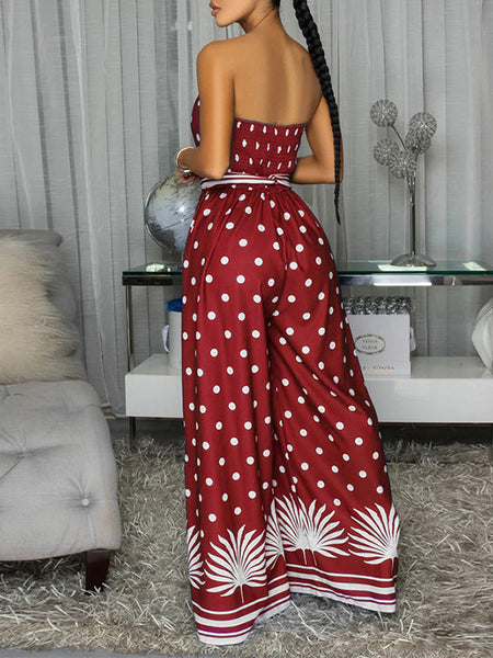 Dot Tied Wide-Leg Strapless Jumpsuit