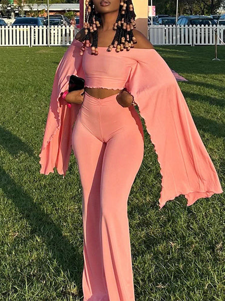 Solid Off-Shoulder Top & Pants Set