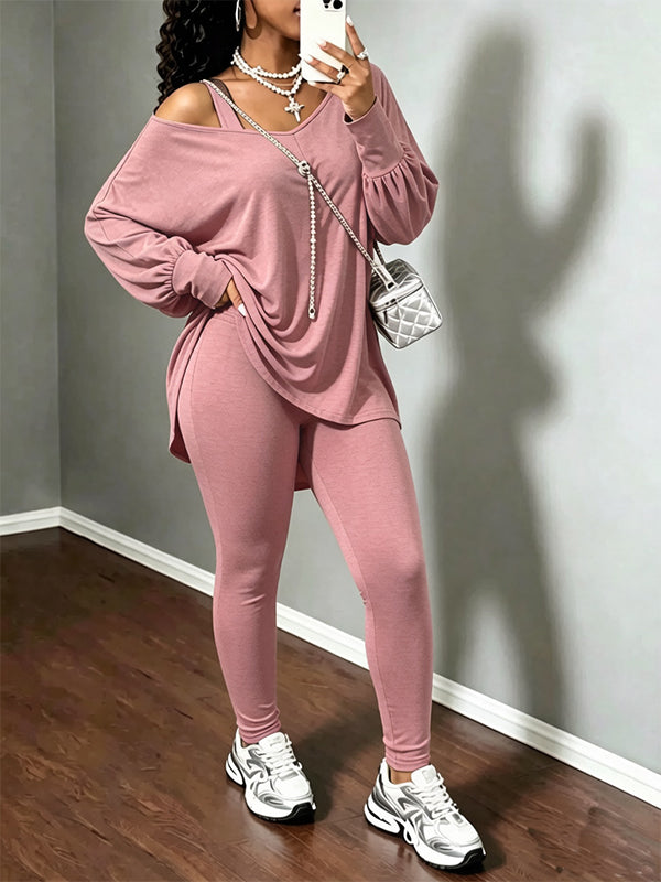Solid V-Neck Cold-Shoulder Pants Set