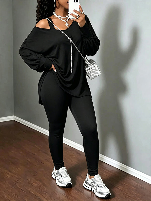Solid V-Neck Cold-Shoulder Pants Set