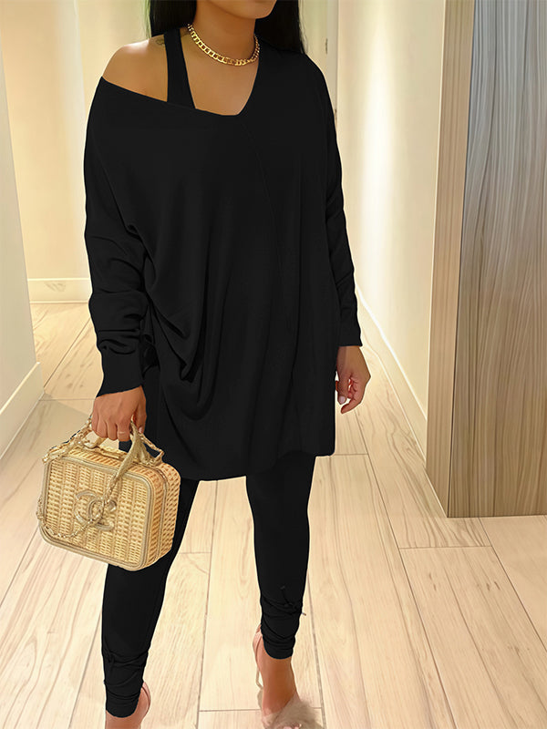 Solid V-Neck Cold-Shoulder Pants Set