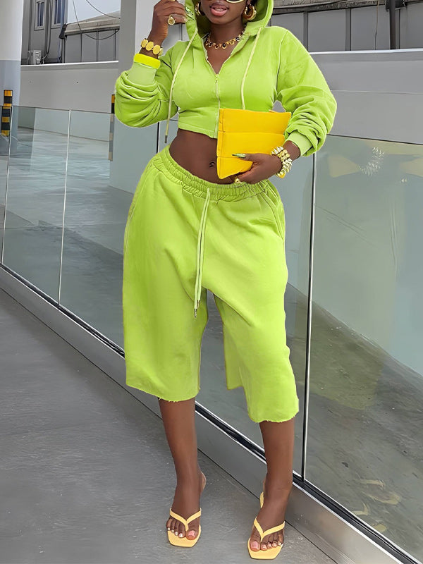 Zip-Front Cropped Hoodie & Capri Pants Set