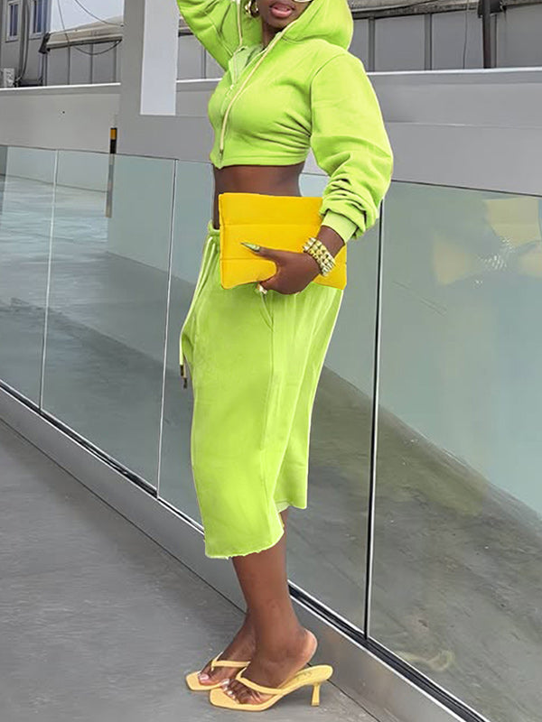 Zip-Front Cropped Hoodie & Capri Pants Set