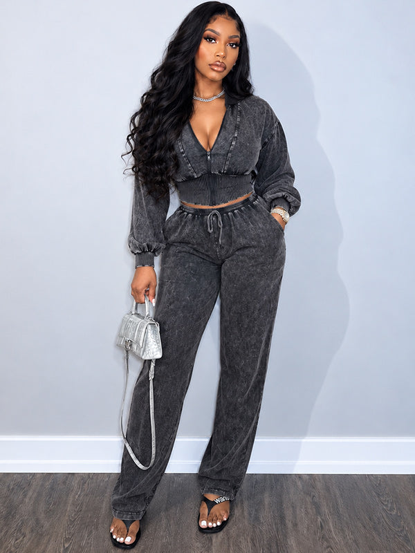 Zip-Front Cropped Top & Drawstring Pants Set