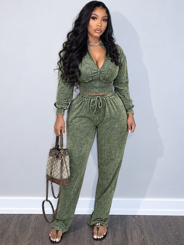 Zip-Front Cropped Top & Drawstring Pants Set