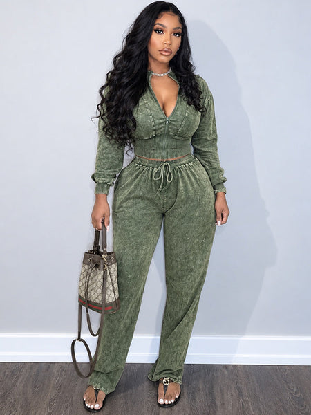 Zip-Front Cropped Top & Drawstring Pants Set