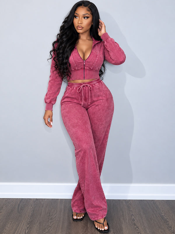 Zip-Front Cropped Top & Drawstring Pants Set