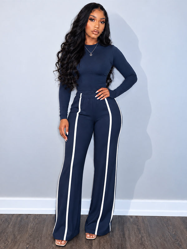 Solid Top & Striped Pants Set