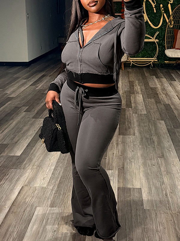 Contrast Zip-Front Hoodie & Pants Set