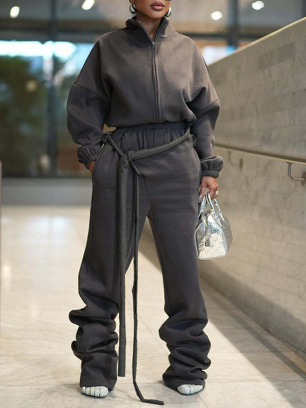 Fleece Lined Zip Up Jacket & Tied Pants Set