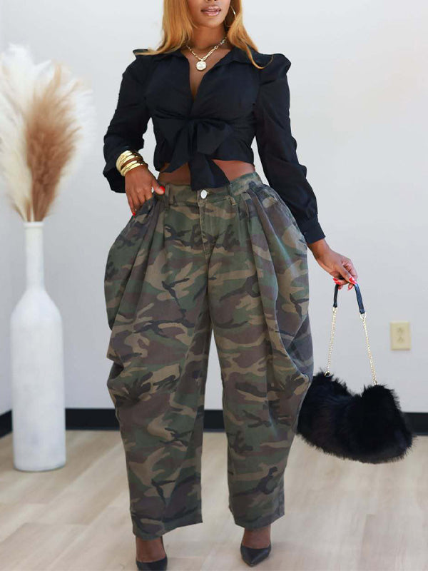 Camo Print Draped Barrel Leg Pants