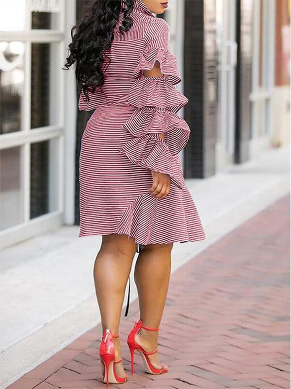 Tiered Ruffle Drawstring Stripe Dress (1519534899245)