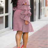 Tiered Ruffle Drawstring Stripe Dress (1519534899245)