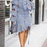 Tiered Ruffle Drawstring Stripe Dress (1519534899245)