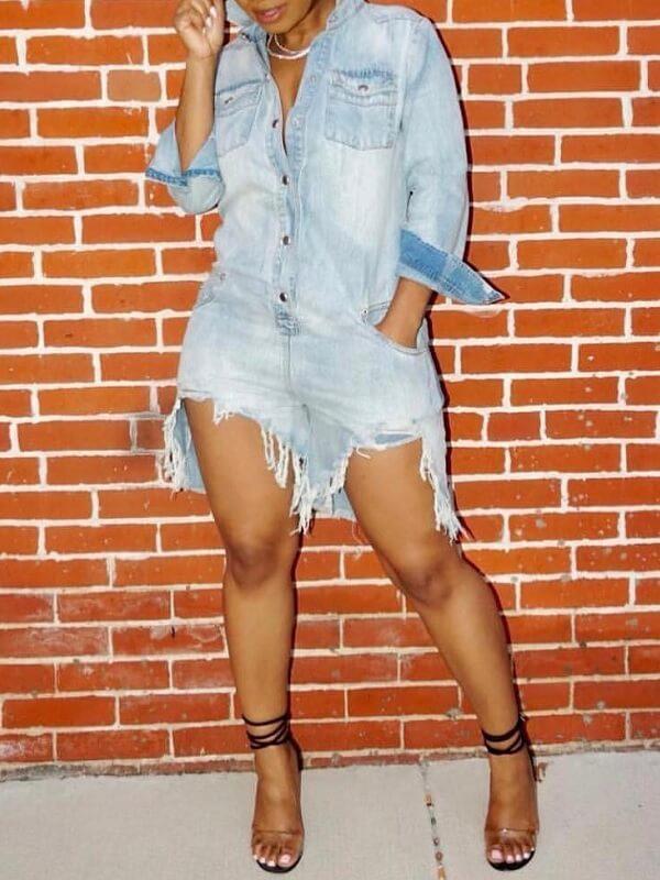 Distressed Button-Front Denim Romper